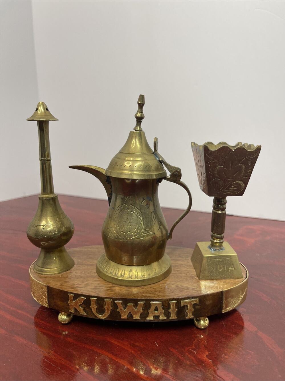 Vintage KUWAIT Rare Miniature Ewer Dallah Incense Brass On Wood